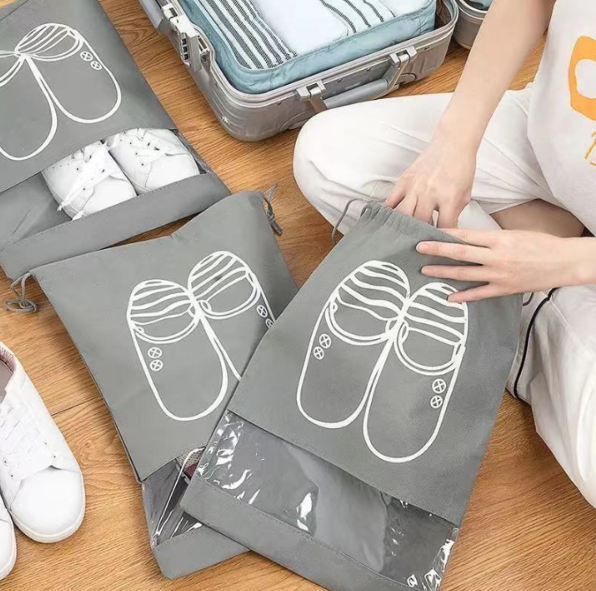 3PCS- Printed Shoe Bags for Travel Dust-proof Clear Window Non-Woven with Rope packing luggage suitcase Pouch Storage Organizer for Men and Women