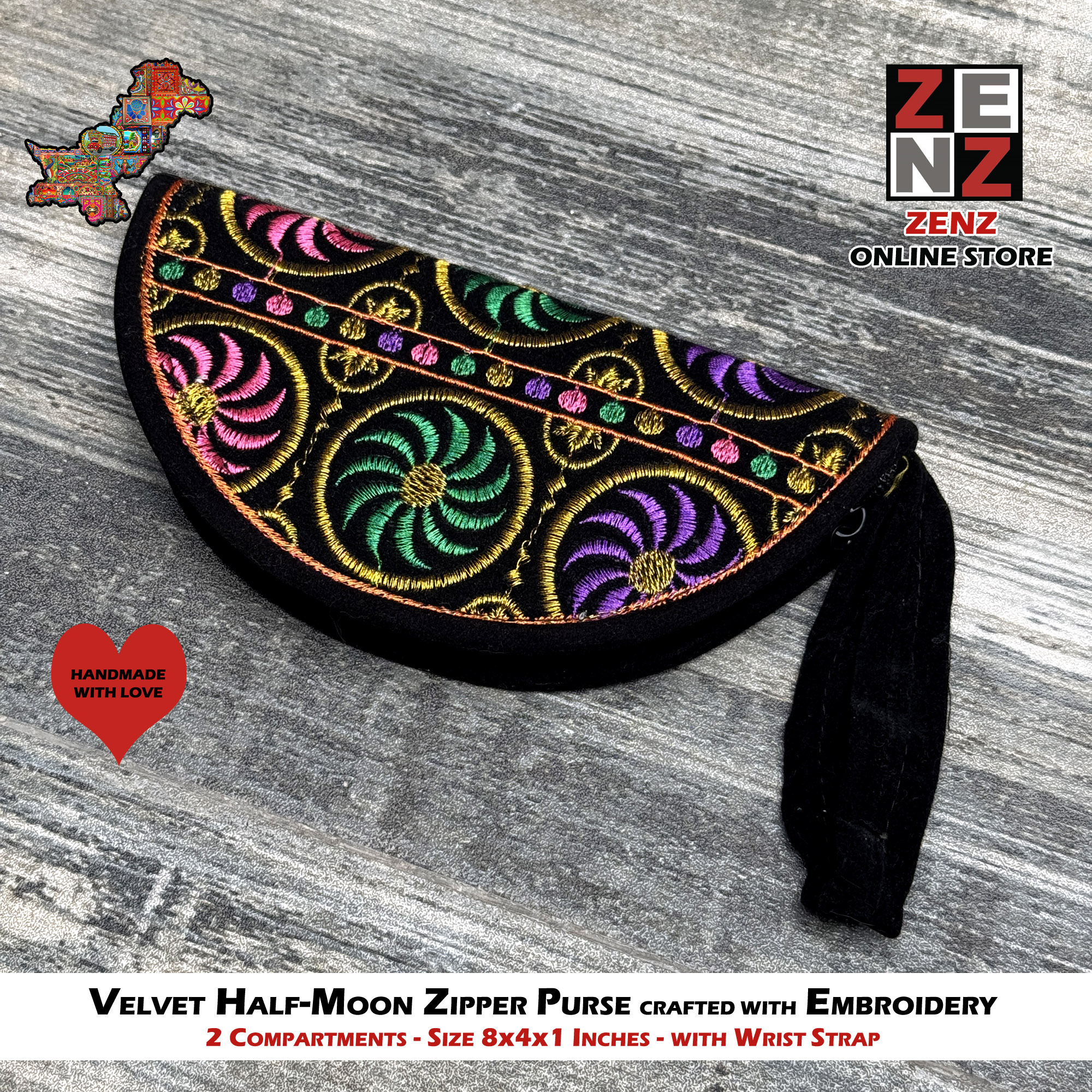 Half Moon Shaped Handmade Black Embroidered Velvet Clutch Purse Size 8x4 Inches crafted with Multicolour Embroidery by ZENZ Pakistani Traditional Vintage Fashion Wear