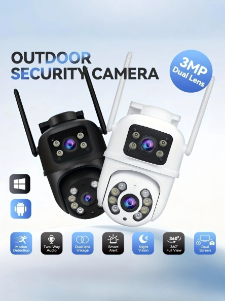 Dual-Lens Wireless Security Camera - 2.4GHz, IPX5, AI Motion Tracking, Color Night Vision, Two-Way Audio, Motion Alarm, Rotation/Tilt, Video Surveillance, CCTV Monitor, Supports SD Card