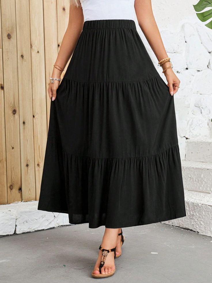 Women Black Maxi Skirt – High Waist Elastic Long Skirt – Casual Tiered Flowy Skirt for Girls – Modest Wear Summer & Daily Wear Pakistan