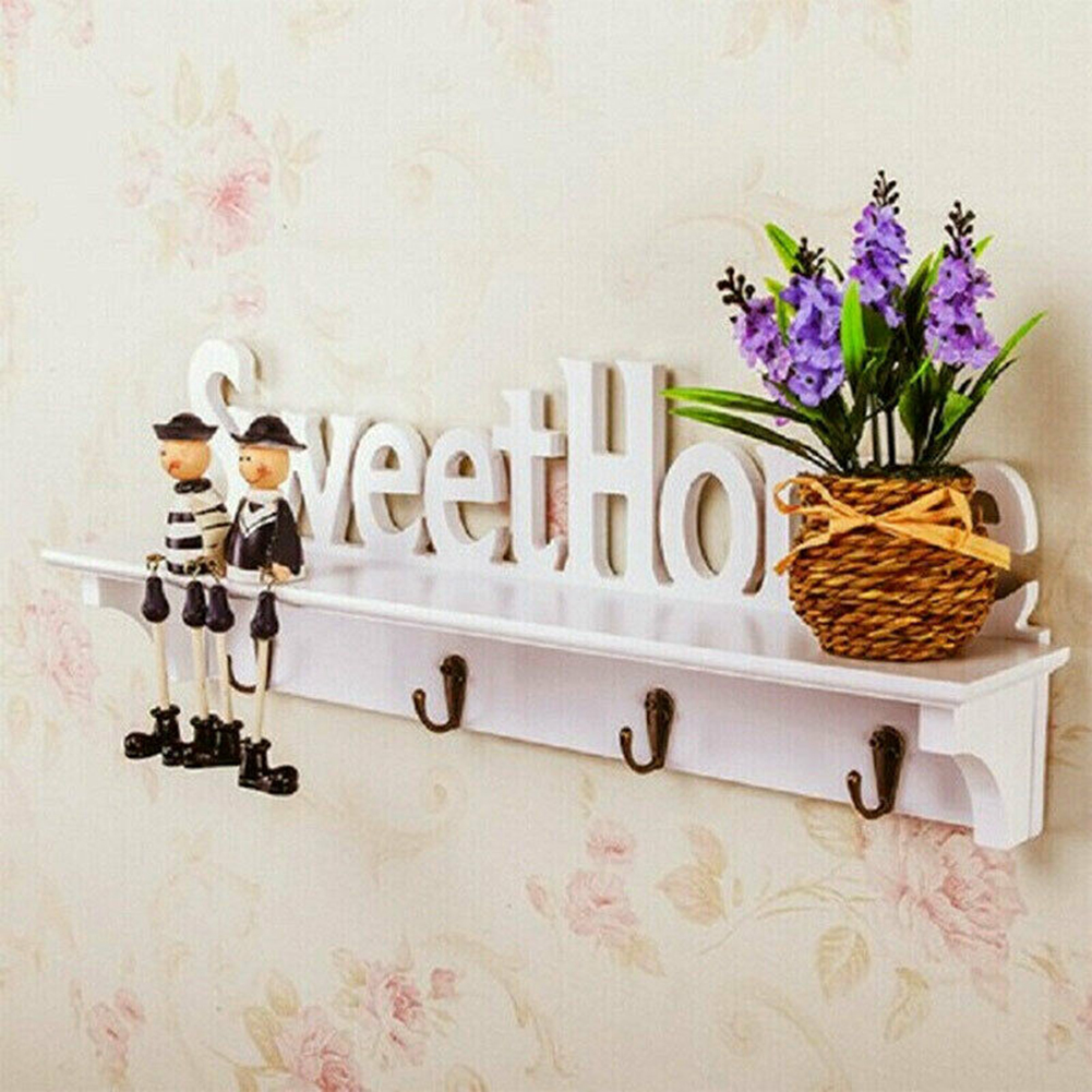 Wooden Wall Mount Rack DIY Sweet Home Storage Shelf Hooks Bedroom ...