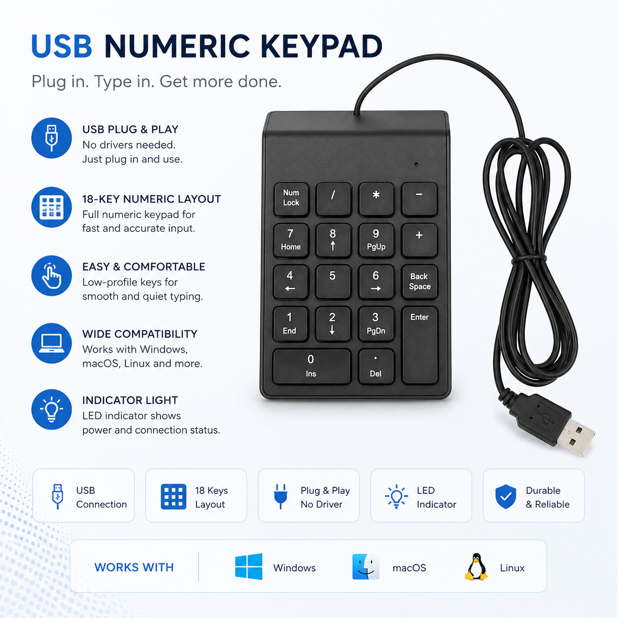 NUM PAD KEYBOARD WITH USB USB Wired Numeric Keypad 18 Keys Portable Number Pad – Fast Data Entry Calculator Keyboard Extension for Laptop & Desktop Computer