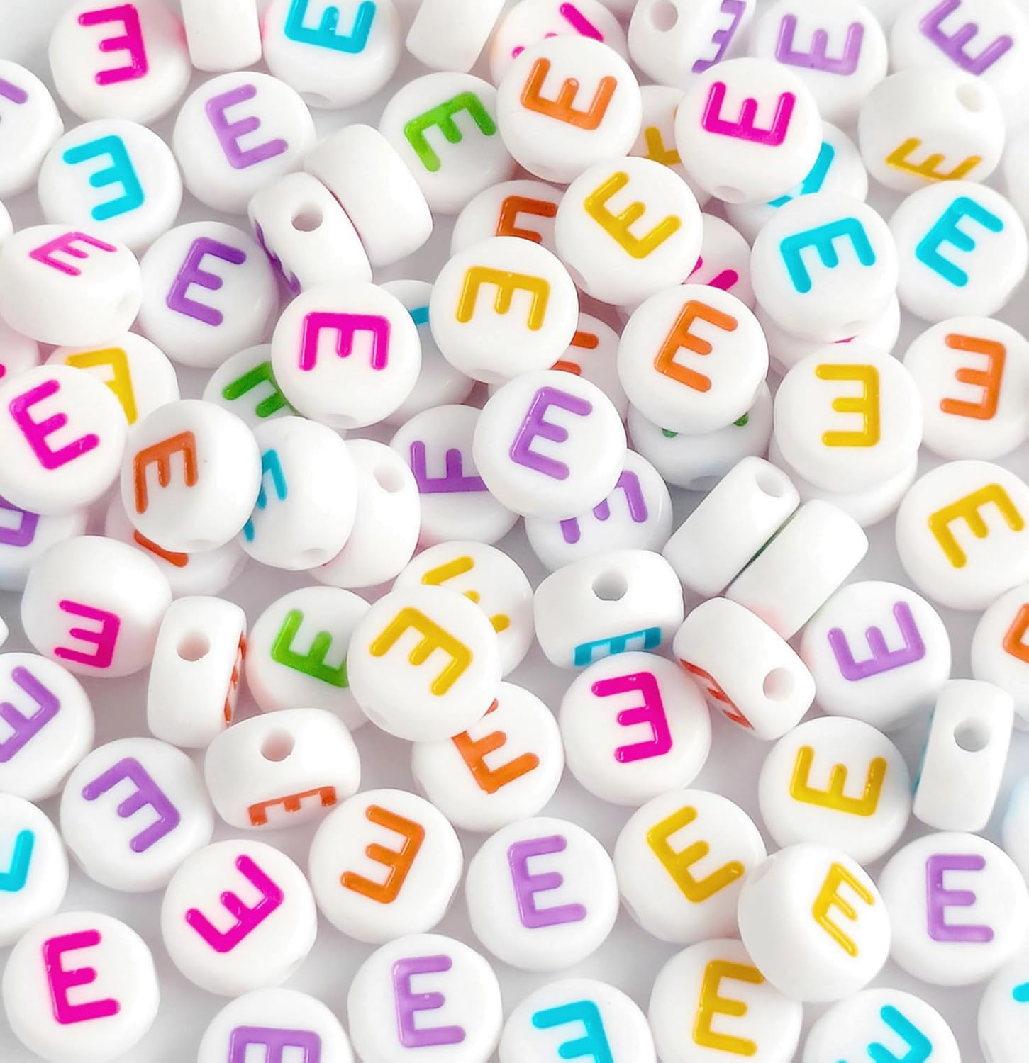 Pack of 25 / 50 / 100 Pieces | Only - E - Multicolor Alphabet Beads | 7mm | Flat Alphabet Beads Ideal For charms Bracelets Necklaces For Jewelry Making