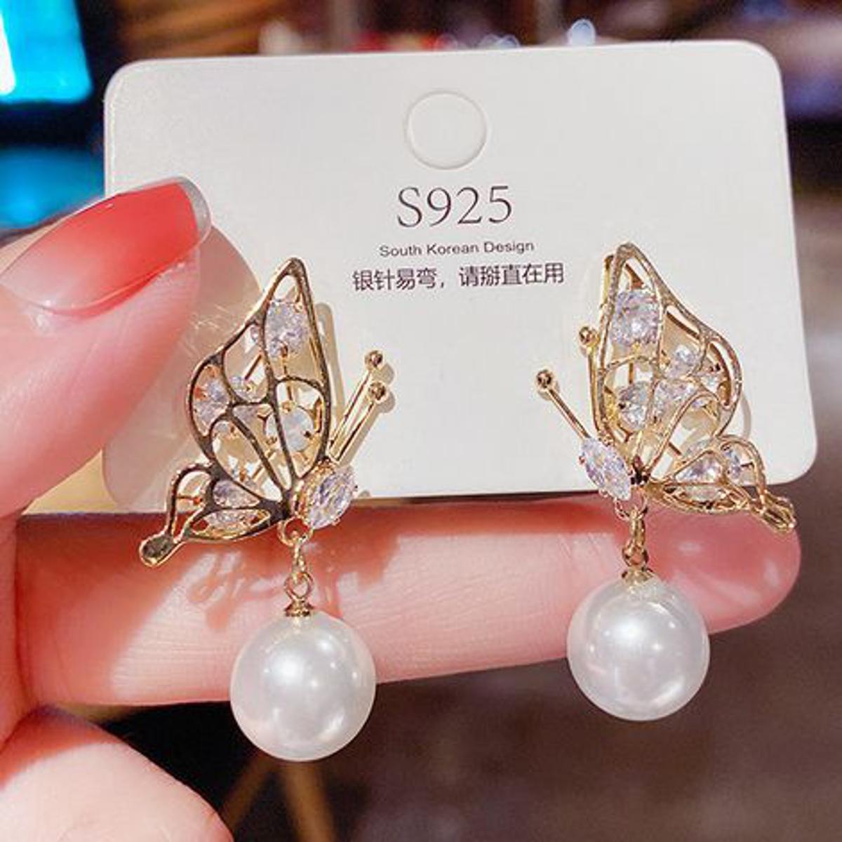 zirconia butterfly pearl earrings for girls latest design