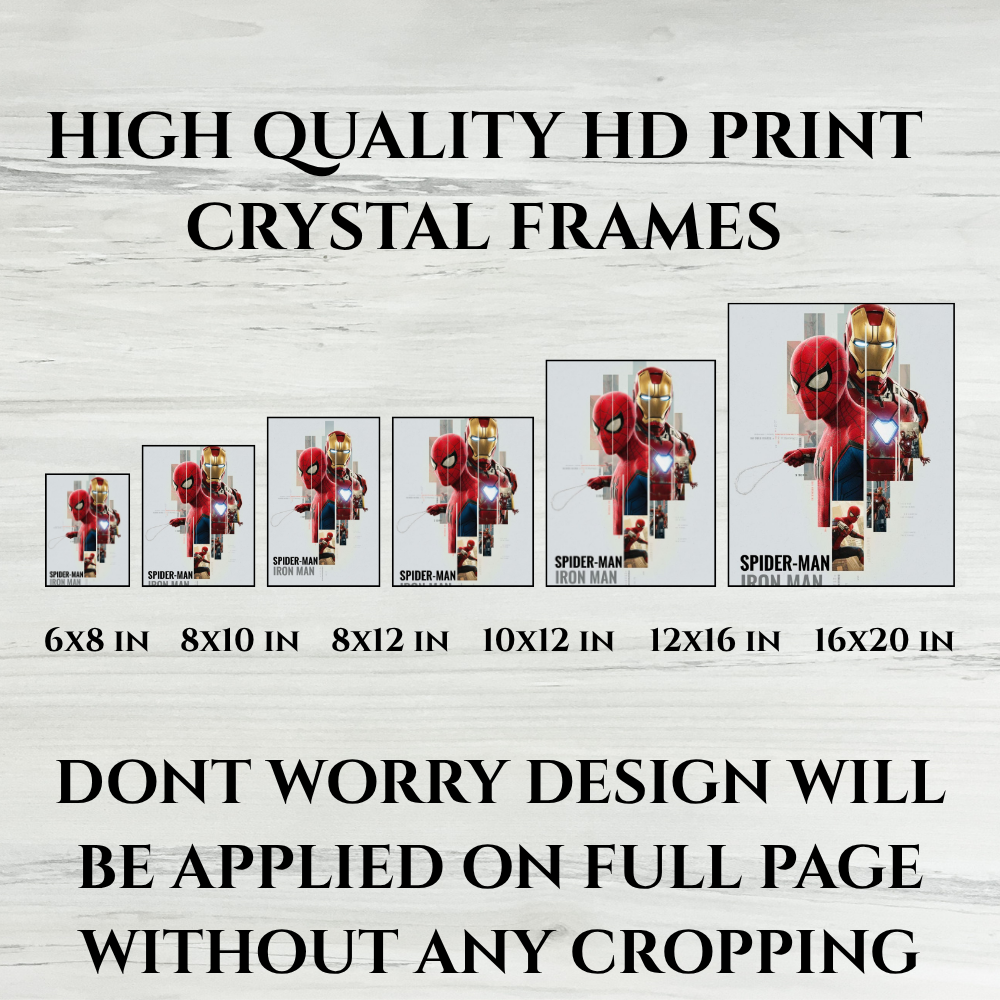 Premium Crystal Wooden Frame Iron Man & Spider-Man White Poster Art | Marvel Superhero Duo Minimalist Aesthetic Wall Decor | Avengers Artwork | Kids Room & Gaming Room Decoration Gift
