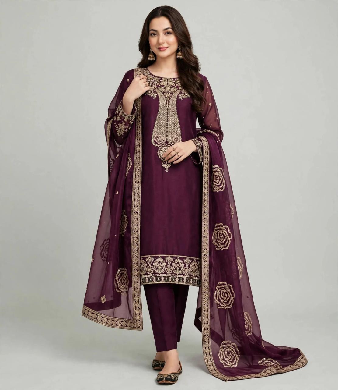 Women's Maroon Embroidered 3 Piece Suit with Trouser & Dupatta | Elegant Party Wear Pakistani Dress