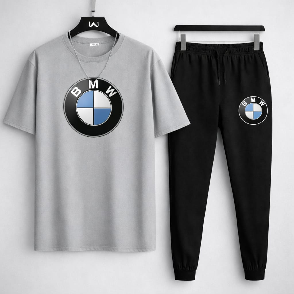 BMW 2PCS Men’s Summer Tracksuit | Grey T-Shirt & Black Trouser | Premium Casual Wear 🌞