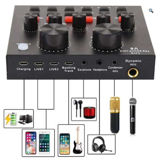 Mini V8 Sound Card & V10 Sound Card Bluetooth Audio Mixer & Voice Changer - 12 Sound Effects Lithium Rechargeable Battery - For Live Streaming & Broadcasting & Podcast - Compatible With PC Computer  - Black