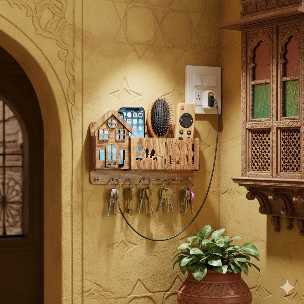 3D Home Decorative Wooden Organizer- 3D Wooden Phone Stand with Key Hooks - 3D Wooden Mobile Stand for 3 Phones - Wooden Holder for Phone, Keys, and Accessories - Wooden Organizer with 7 Steel hooks Tasbeeh Holder Remote Cover Rack Mobile Charger Holder