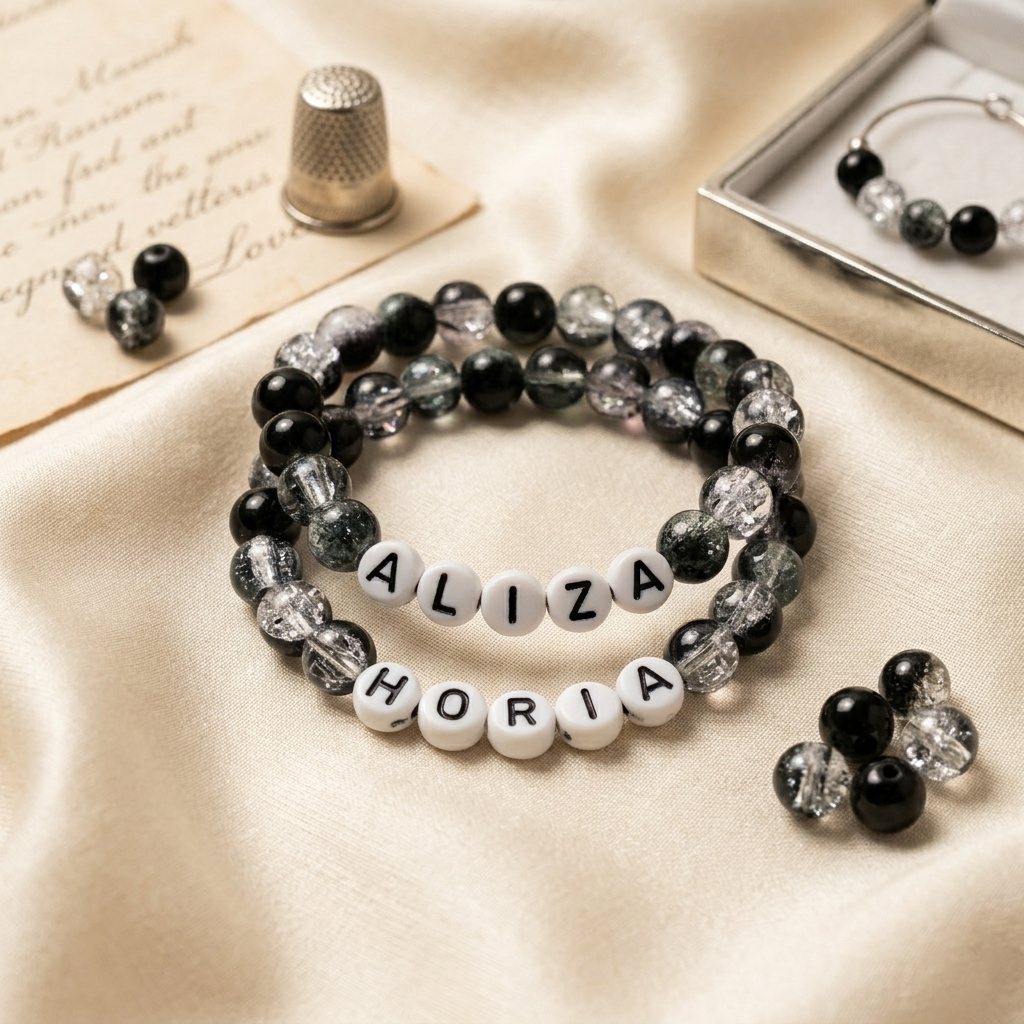 Customized Name Beads Bracelet for Boys & Girls | Personalized Letter Bracelet | Stretchable Handmade Jewelry | Unisex Black Beads Bracelet | Single Piece | Personal Name Jewelry Gift for Best Friends, Sisters & Brothers