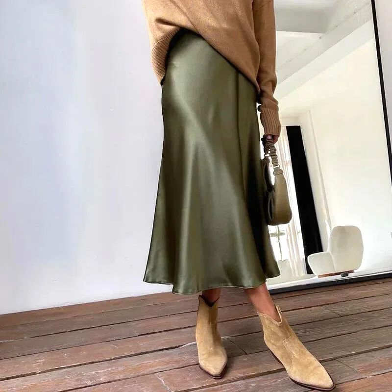 Premium Silk Casual Spring/Summer 2025 Long Solid Fishtail Skirt for Women - Elegant, Comfortable, Versatile (XS-XL)