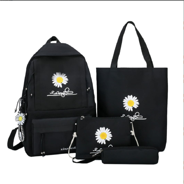 🎒PREMIUM Girls Backpack Set 4 in 1 | School Bag for Girls | Stylish Canvas Backpack Set for Students & Travel Flower Design school backpack  for Female girls women also for male female boys girls Children School Bags For Girls Boys Canvas SchoolBag