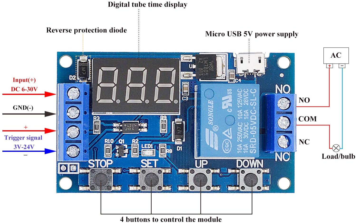 DC 6-30V Timer Relay Programmable Relay Module Cycle Timer with LCD Display / 5V Micro USB, Smart Home Controller ON/Off Trigger Time Cycle Timer Circuit Switch 0.1s~999min Adjustable For EGG / EGGS INCUBATOR