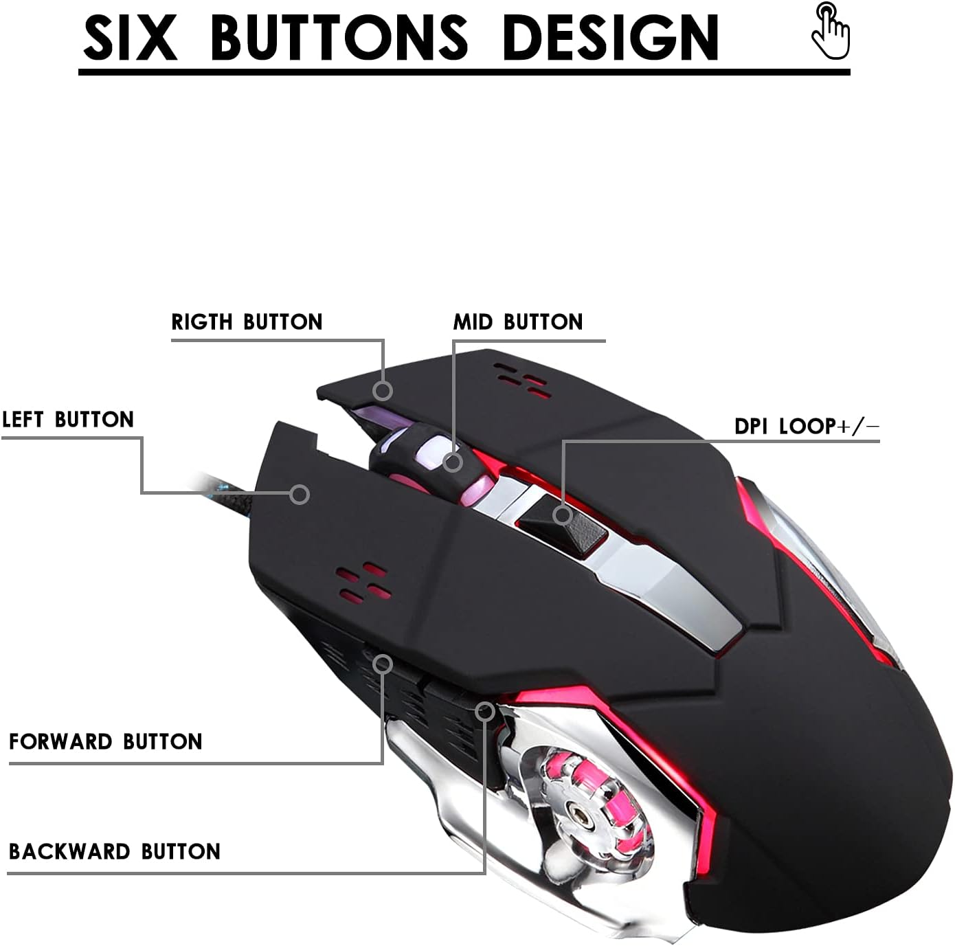 Wired Computer Gaming Mice, 6 Buttons for Desktop Laptop Mac PC Gaming Mouse, 4 Levels DPI 800-1600-2400-3200 with 4 Colors RGB Backlit, Ergonomic Design for Professional Gamers Use