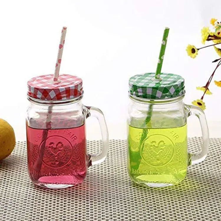 Mason Jar Glass Mug with Handle, Lid and Straw  Straw Mason Cup Summer  Portable Juice Cup Glass Drink Cup with Straw Lid