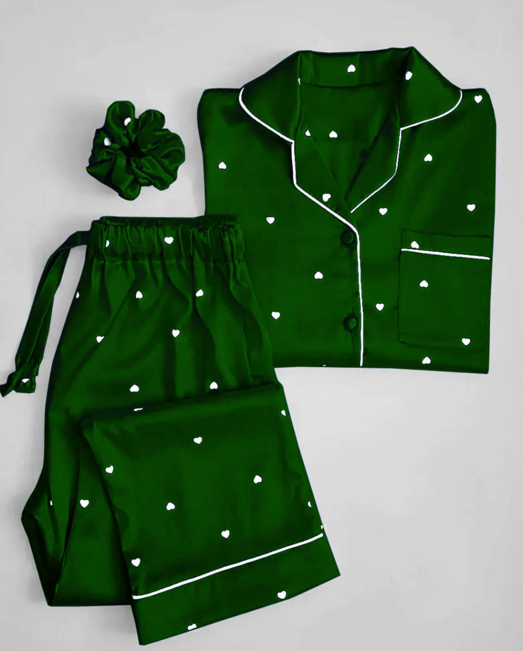 Hearts Printed Ladies Silk Night Suit For Women (Sleep Wear) 2-Piece Shirt & Trouser Night Dress For Girls