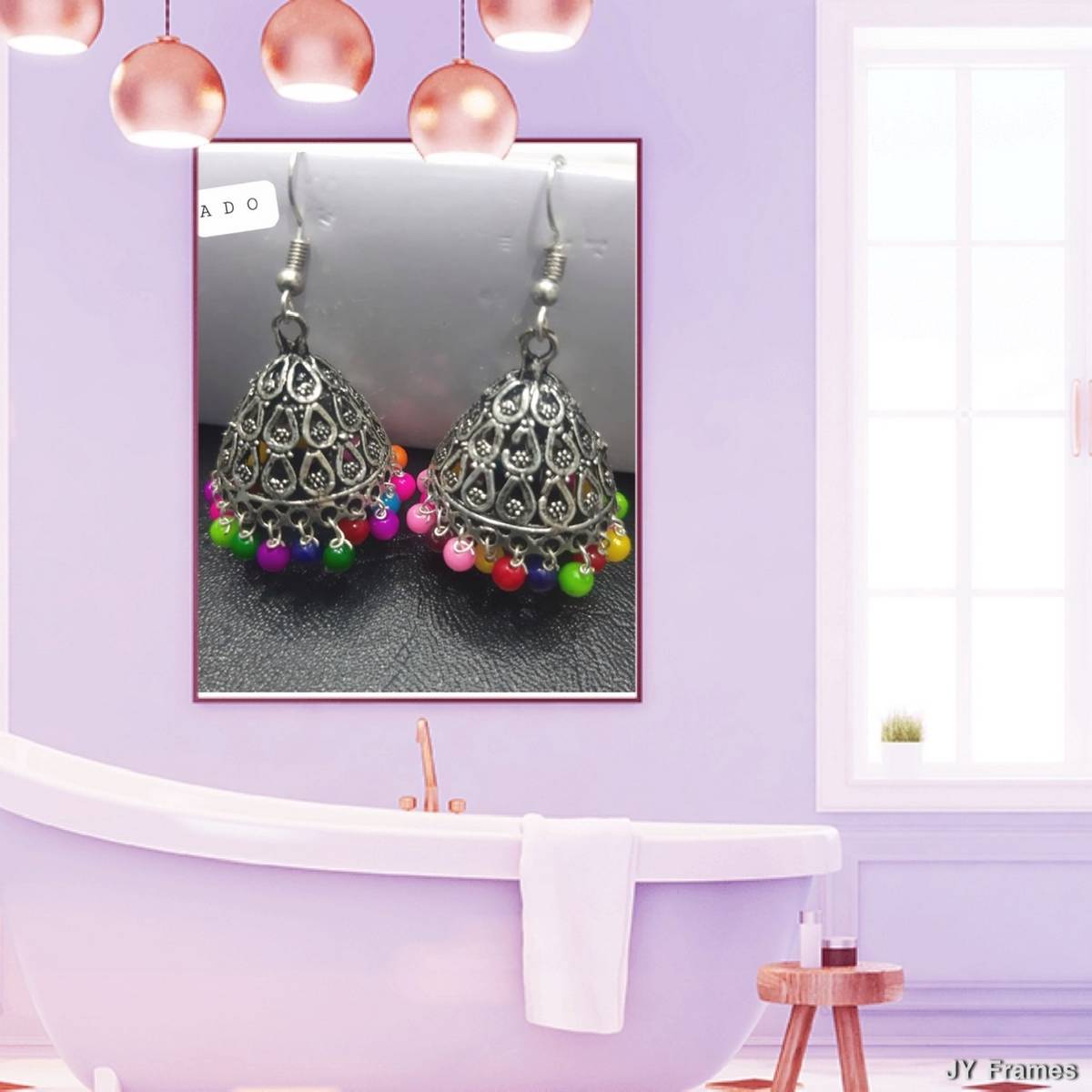 Antique Silver Small Traditional Indian Jhumka Earrings With multicolor Pearl Hangings