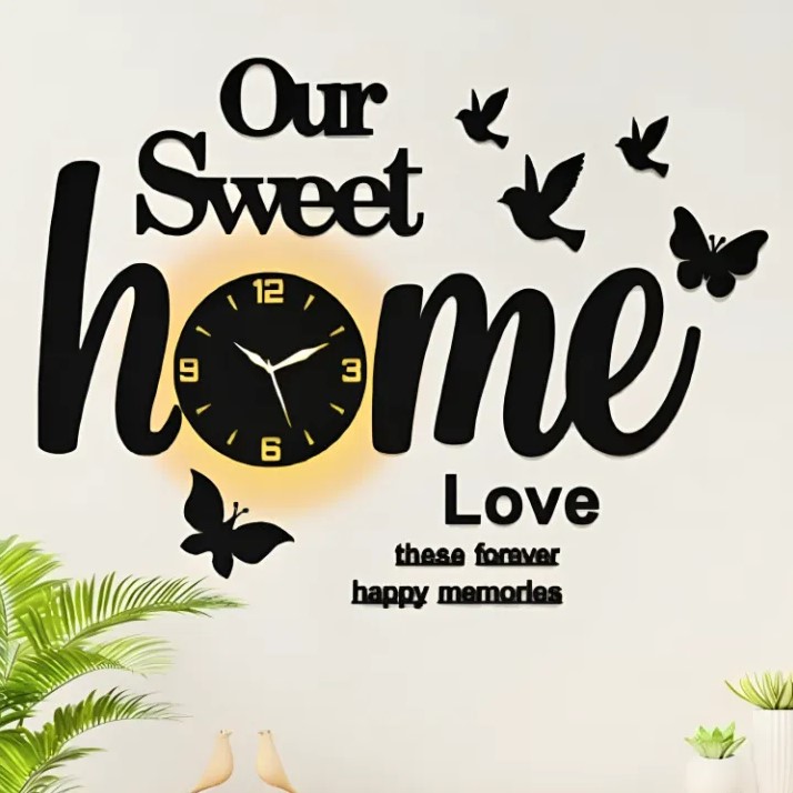 Sweet Home Butterflies and Birds Wall Clock, 3D Wooden Watch, Wall Clock, Wooden Wall Clocks, Wall Clocks for Bedroom, Clock. Sweet Home Wall Clock for your Sweet Home, Clock with light, Wall art