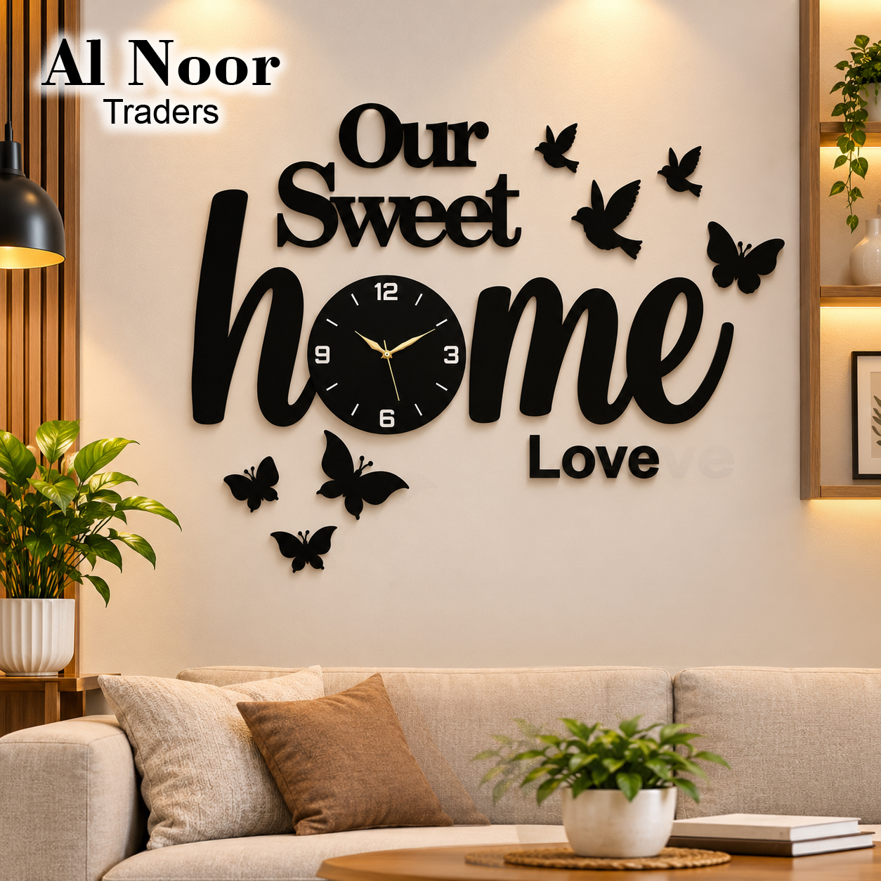 Al Noor Traders Brand Welcome To Our Home The Sweet Family Clock with butterfly and birds wooden Working Wall clock    I Wooden Clock I Clocks I Clock I Home 3D Wooden Wall Clock I Wooden Wall Clock I Wall Clocks I wall clock big I wall clock butterfly