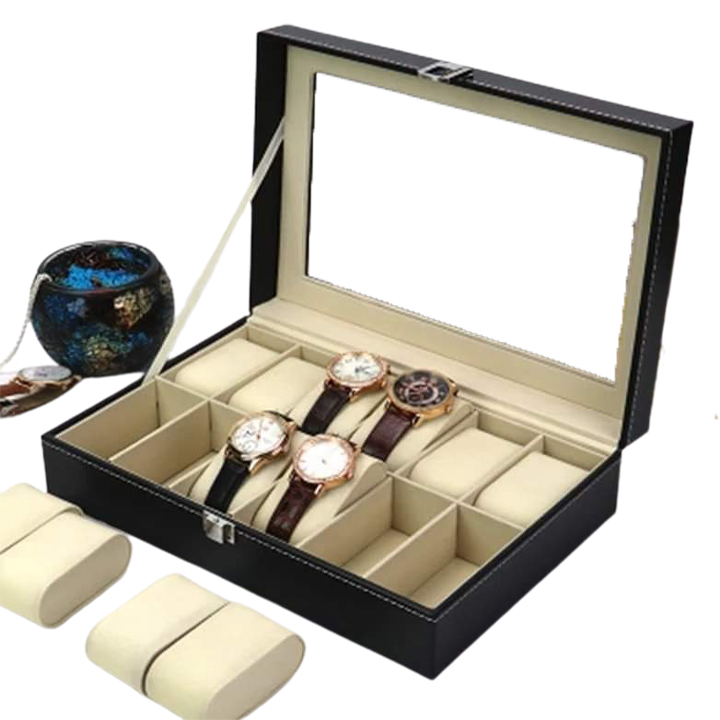Myle Cart Watch Storage Organizer Box 3/6/10/12 Grids PU Leather Display Case for Watches & Jewelry, Black