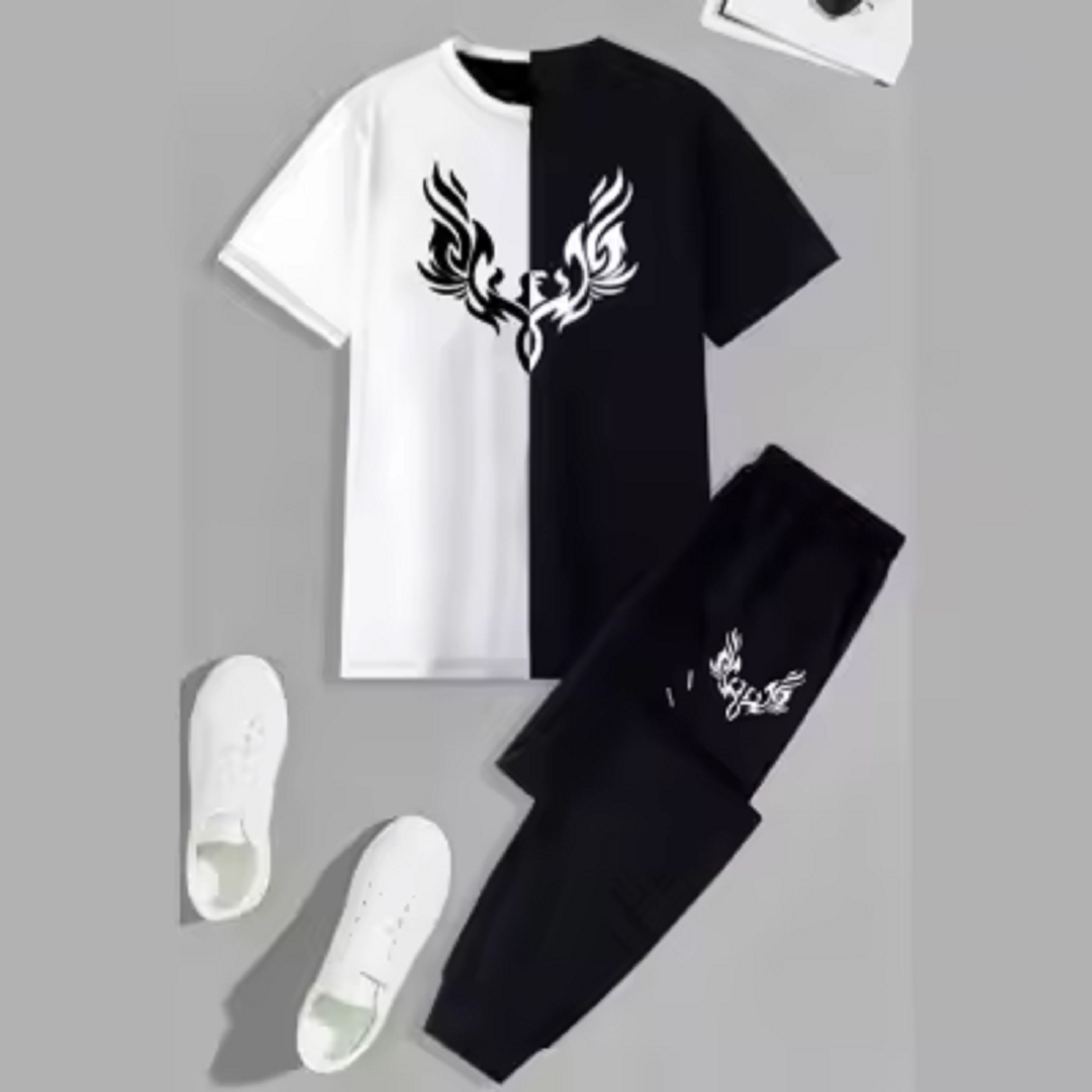 New trendy wings printed black & white premium quality summer tracksuit for men and boys