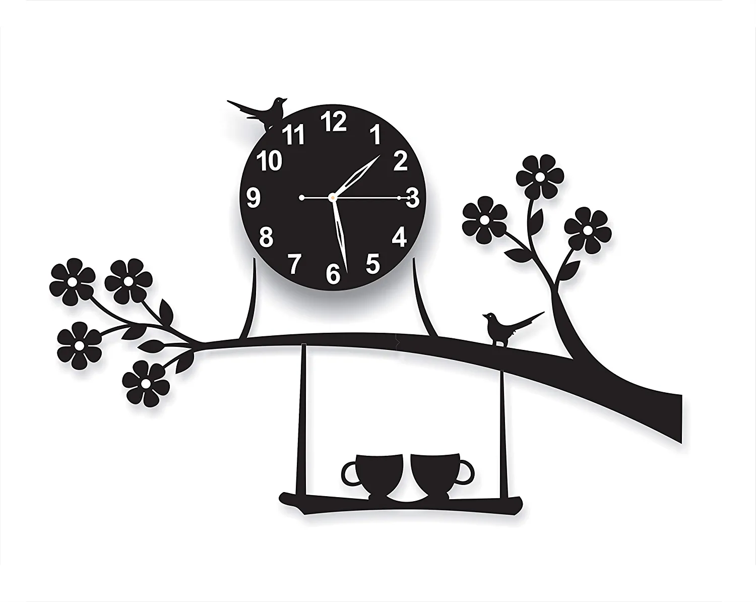 Birds on Tree with Coffee Cup Wooden Wall Clock Stylish Design Home Decoration Wall Hanging Clock. New Acrylic DIY Wooden Wall Clocks For Gifts, 3D Wall Clock For Bedroom, Acrylic Wall Clock, 3D Wooden Wall Clock Stylish Design, 3D DIY Wall Clock