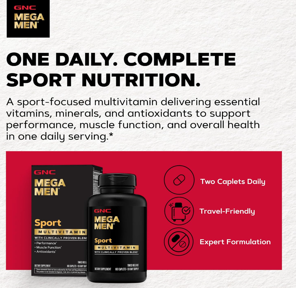 GNC Mega Men Sport Multivitamin for Men | Performance, Muscle Function, and General Health | 180 Count | Clinically Shown to Boost Nutrient Levels and Mental Wellbeing, with BCAAs and Carnitine for Muscle Performance and Energy