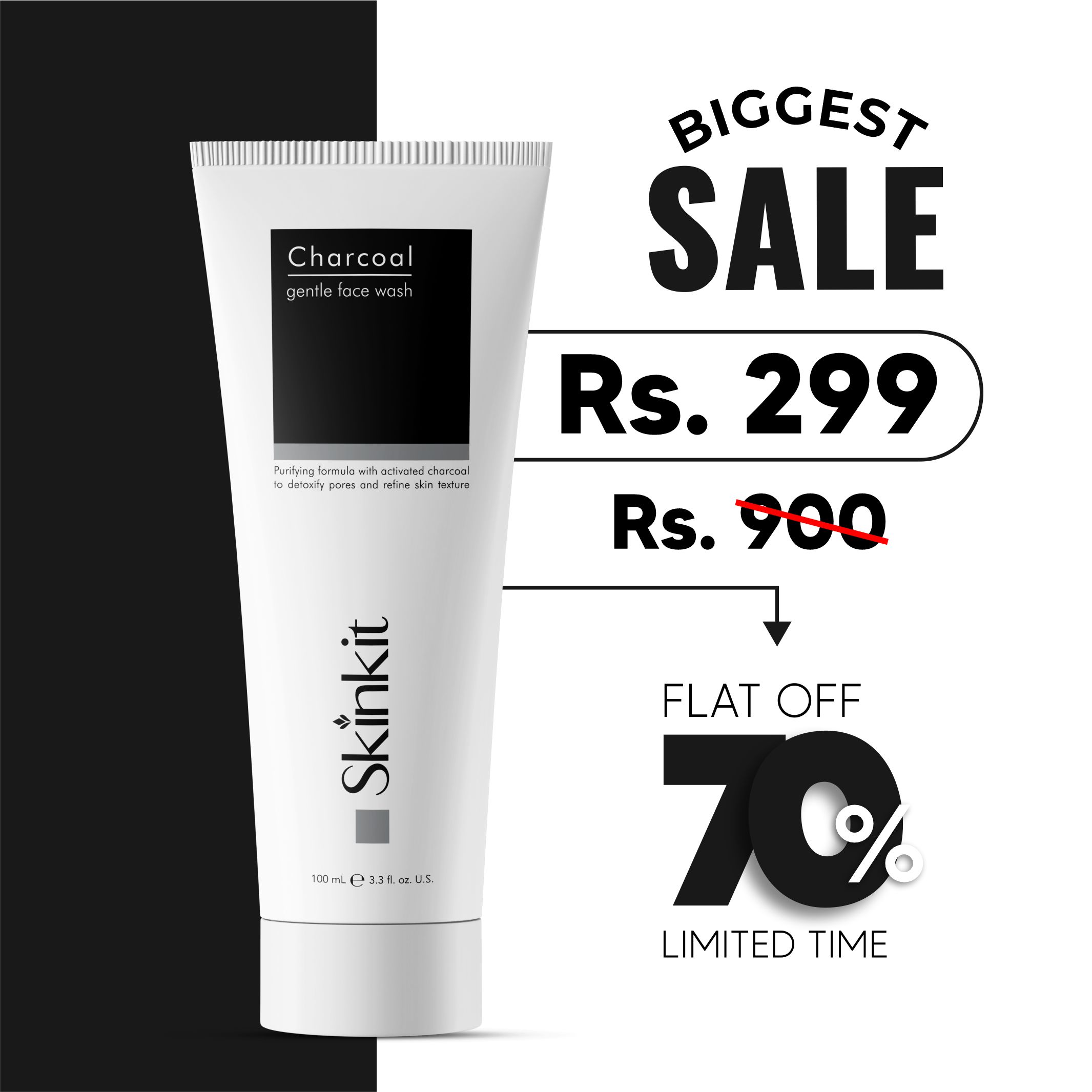 Skin Kit Charcoal Facewash for Oily & Combination Skin | Deep Cleansing & Oil Control Facial Cleanser | Activated Charcoal & Hydrating Face Wash for Men & Women | Detox & Brightening Skin Care Pakistan