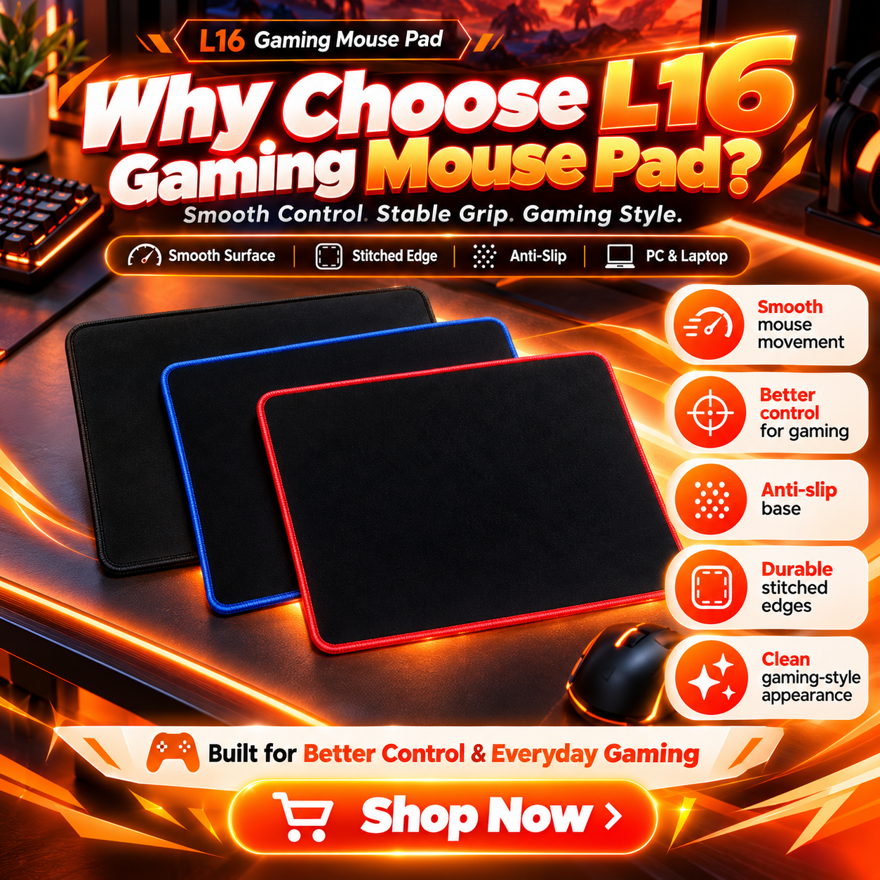 L16 Gaming Mouse Pad – Stitched Edge Mouse Pad with Black Smooth Surface & Colorful Border | Anti-Slip Gaming Mousepad for PC & Laptop Pakistan