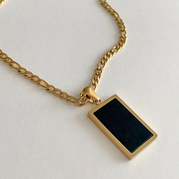 Golden Black Square Enamel Pendant Necklace Stainless Steel Waterproof Black Rectangle Charm Necklace