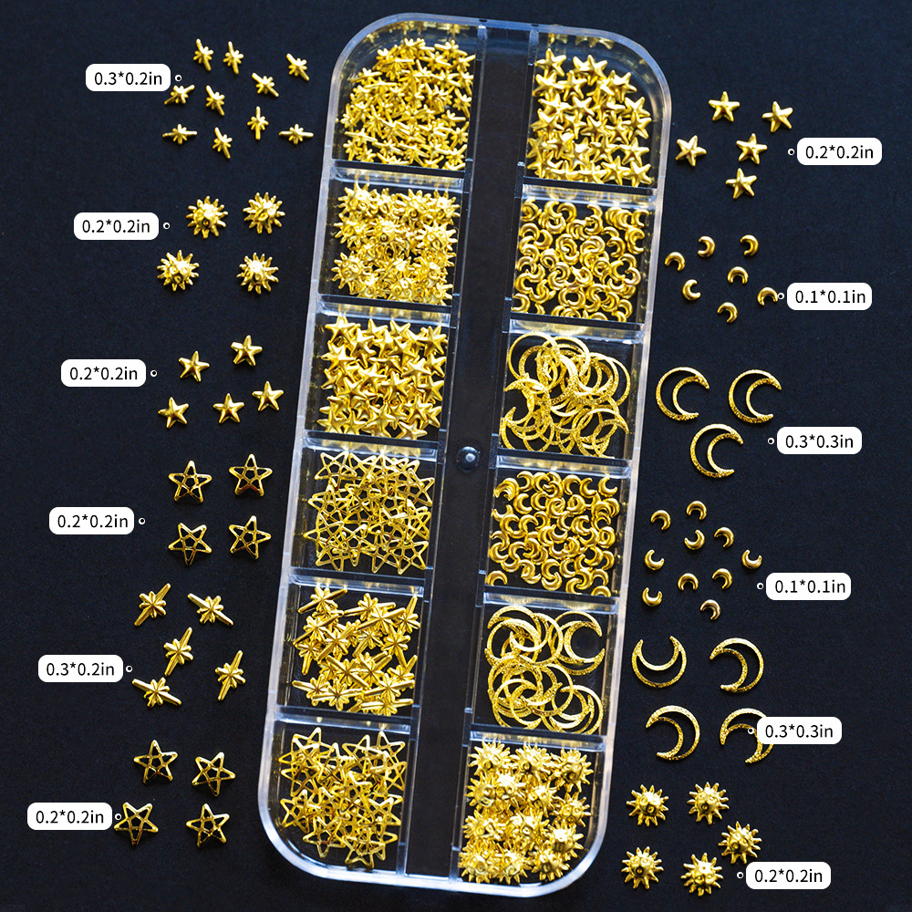 12Grids Silver Nail Art Rhinestones 3D Heart Star Moon Jewelry Shiny Crystal Decorations DIY Nail Art Tools