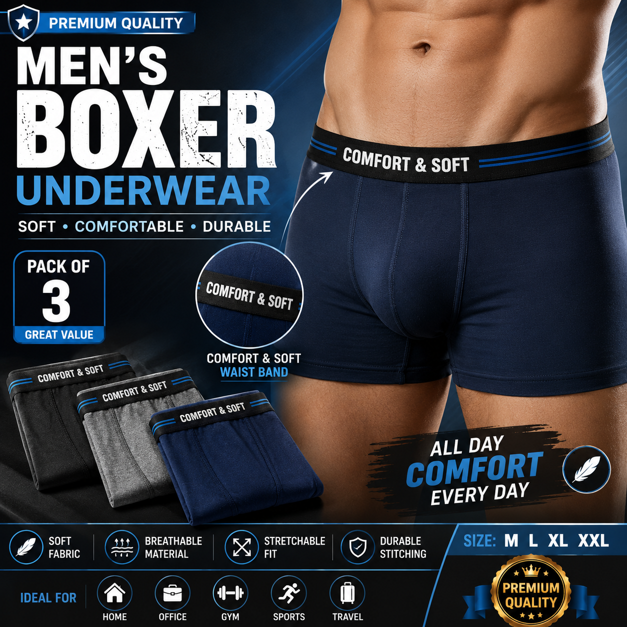 Pack of 3 Men’s Boxer | Soft Comfortable Premium Quality | Boys & Men