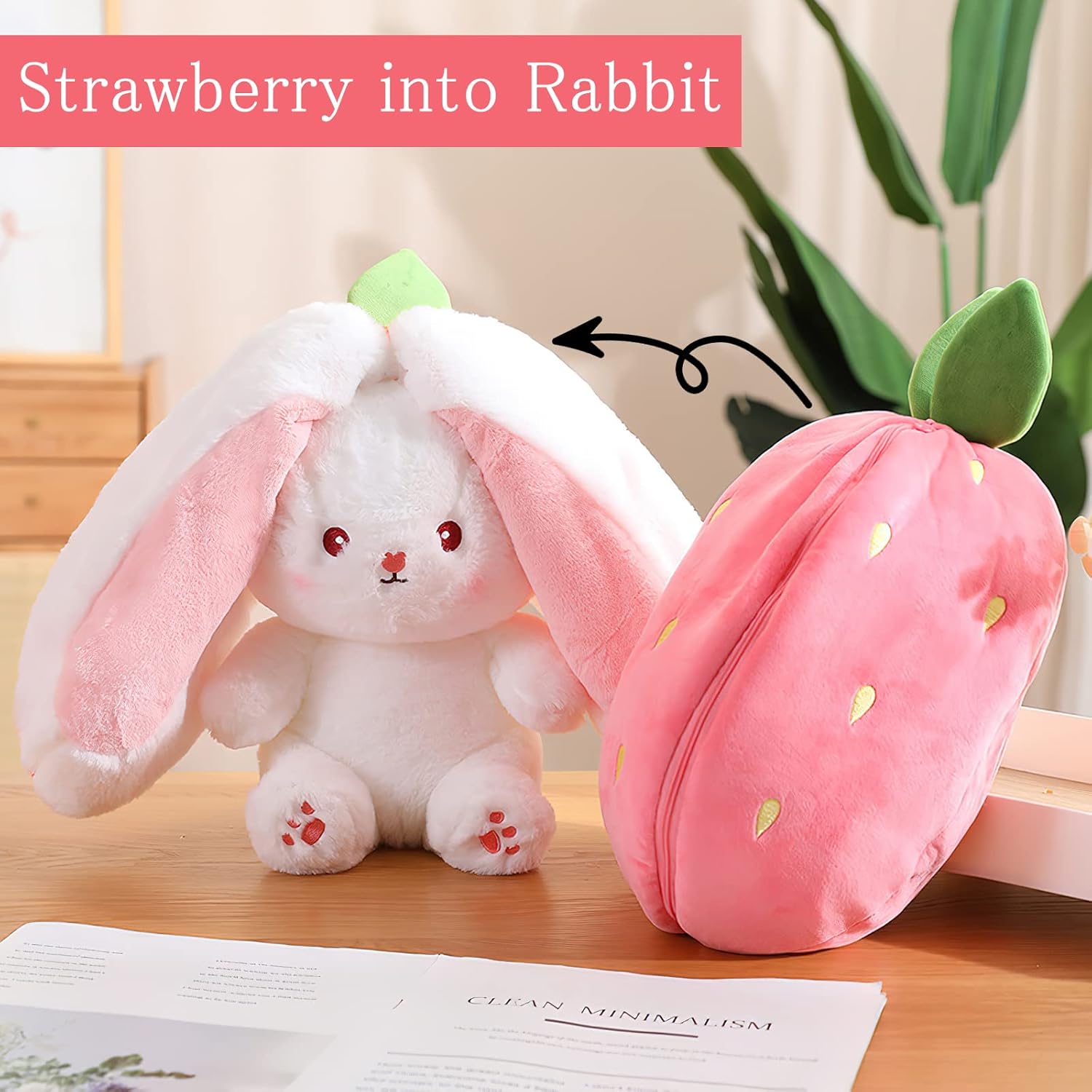 Rabbit Hide Hide, Strawberry Bunny Cushion Plush Toy, Easter Bunny Stuffed Plush Toy Rabbit, Rabbit Doll, Rabbit Plush Toy, Wrapped in Strawberry Gifts, 18 cm High (Rabbit)