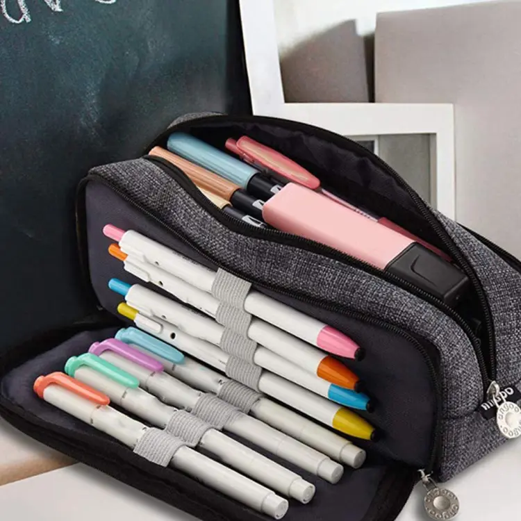 ANGOO Pencil Case Big Capacity 3 Compartments Canvas for Students