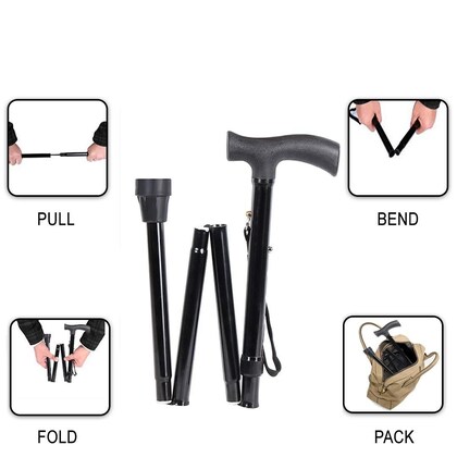 Adjustable Lightweight Aluminum Trekking Cane, Foldable Offset Walking Stick with Ergonomic Handle for Hiking and Outdoor Recreation - Black