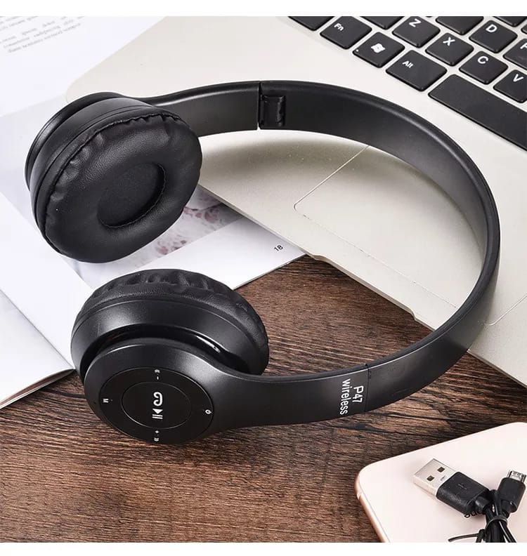 P47 Bluetooth Foldable Headset with Microphone Support FM Radio TF for PC TV Smart Phones & Tablets Etc