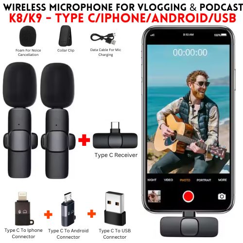 Wireless Microphone Singla & Dual Mics With Lightning, Android, USB High-Quality Receives K8/K9 for Vlogging Podcasts & Interviews