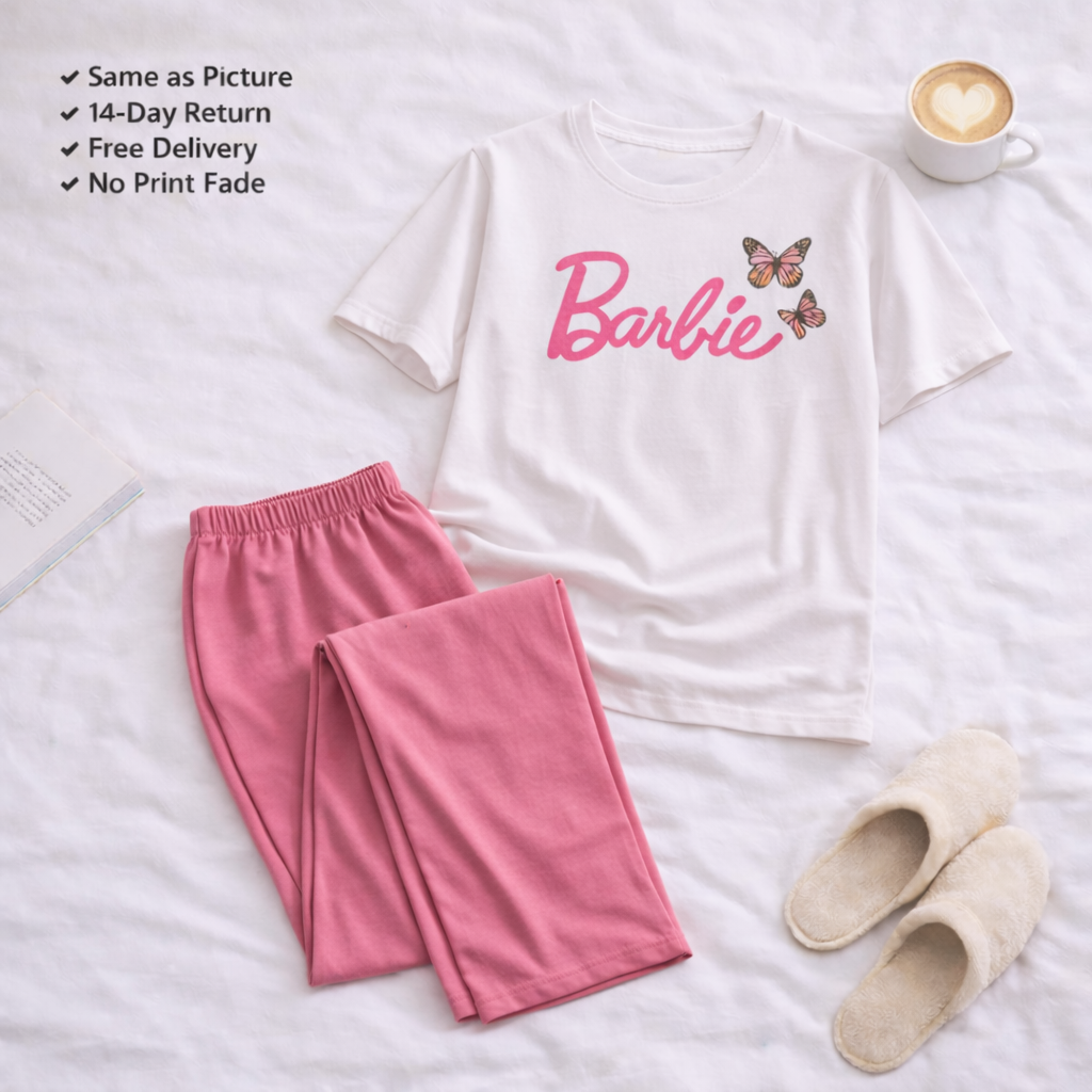 Soft Cotton Night Suit for Women & Girls – Barbie Print Pajama Set, Breathable Summer Sleepwear & Lounge Wear S–XL & Kids 7–14