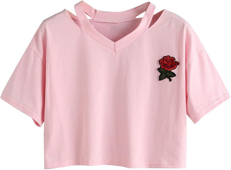 Trendy Women's Loose-Fit Crop Top with Printed Rose