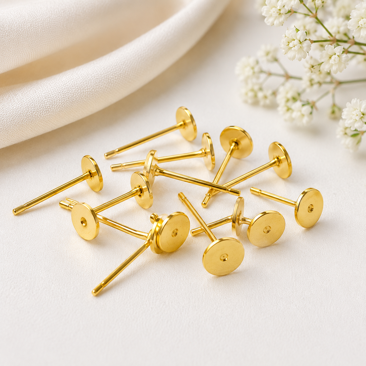 5mm Flat Pad Earring Posts with Silicone Backs | Gold & Silver Ear Stud Pins for DIY Jewelry Making | Hypoallergenic Earring Findings