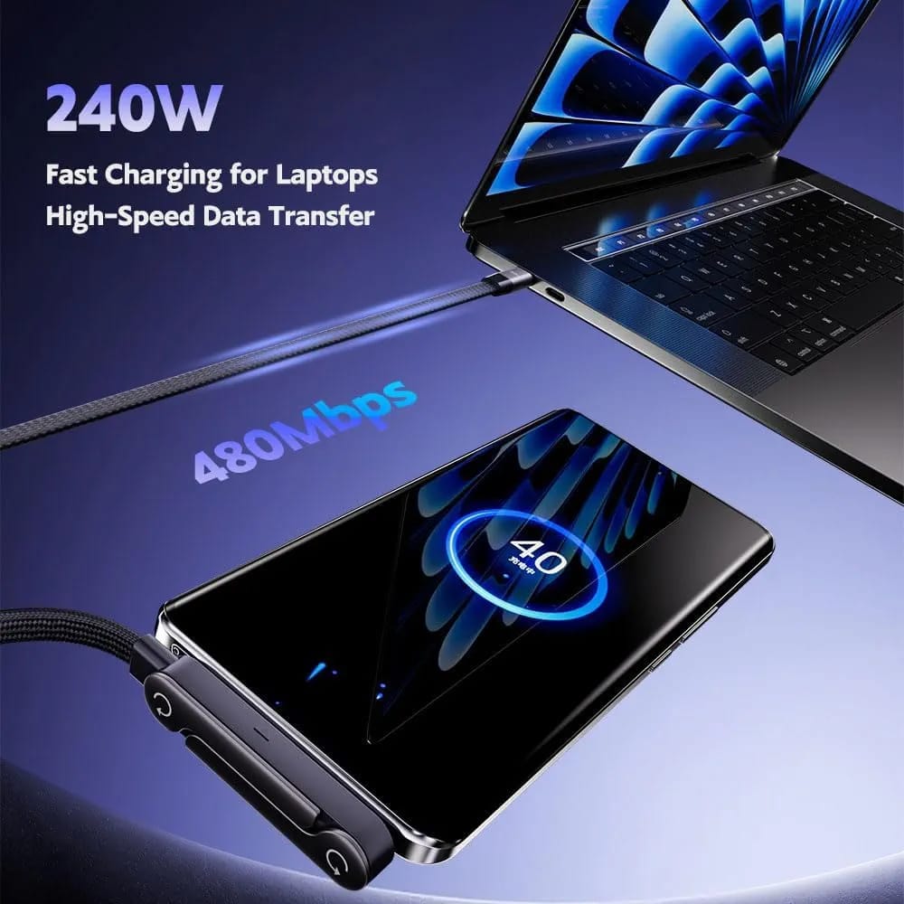 240W USB-C Fast Charging Cable with Adjustable Folding Stand | E-Marker PD Charging Cable | 480Mbps Data Cable | Gaming Elbow Design | Type-C to Type-C