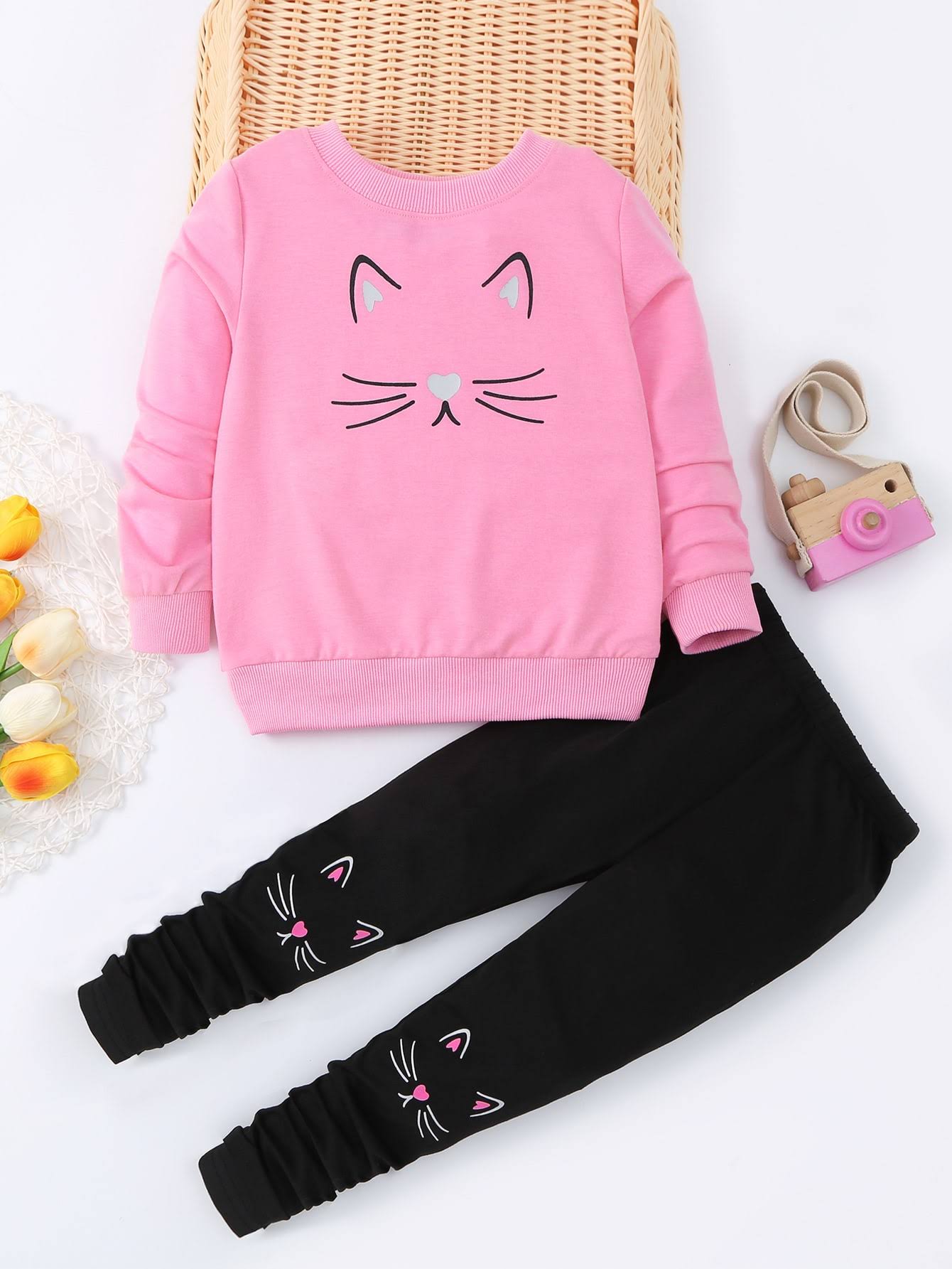 Cute Kitty Meow Printed Girl's Cartoon Cat Graphic Crew Neck Sweatshirt Pullover Tops and Sweatpants Two Piece Outfit