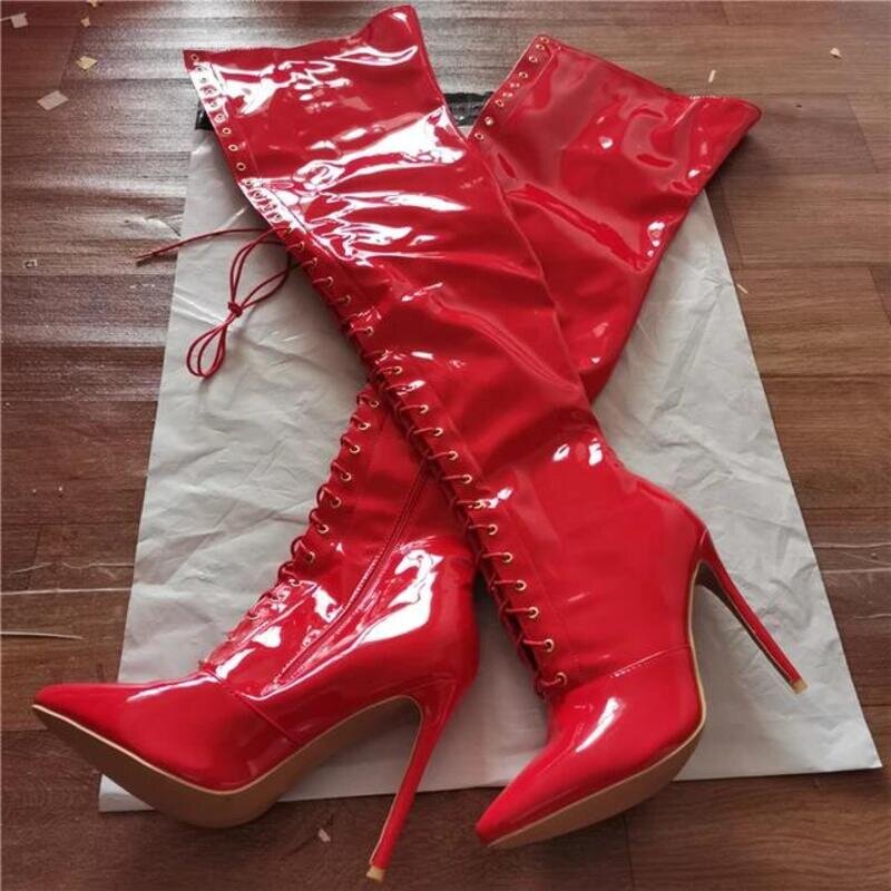 Women's Knee High Stiletto Boots Lace Up Side Zipper Heeled Boots | Red High Heels | Long Boots over knee for Women