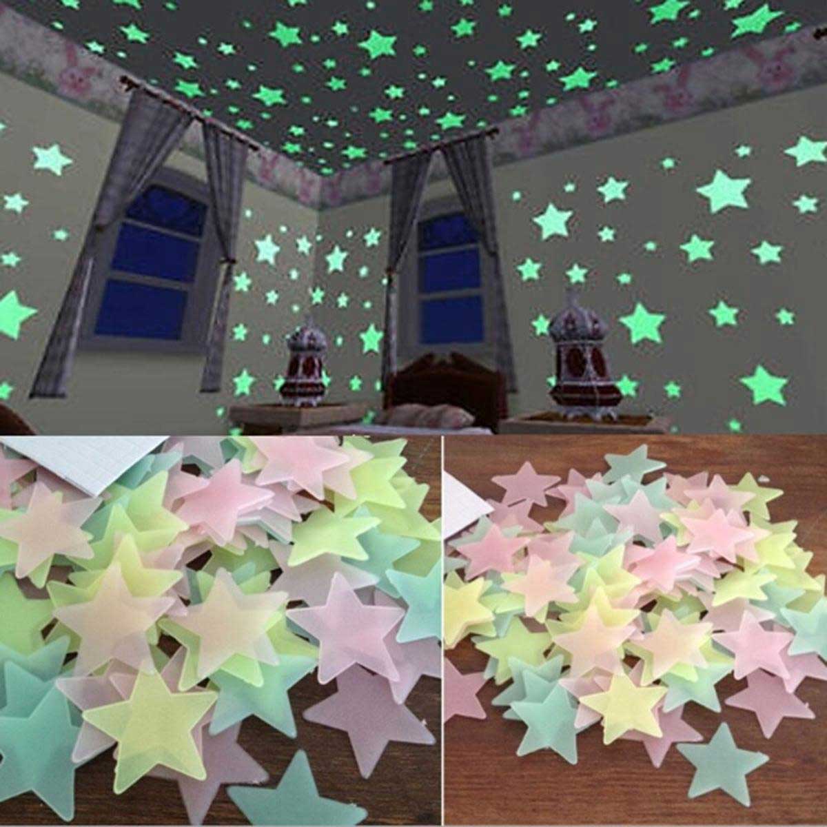 Pack of 100 3D Stars Glow in the Dark Wall Stickers Luminous Fluorescent for Kids Room Bedroom Ceiling Home Decor