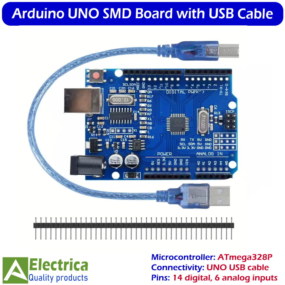 Arduino UNO R3 SMD Edition with USB Cable | ATmega328P Microcontroller Development Board for Robotics, IoT & DIY Projects by Electrica