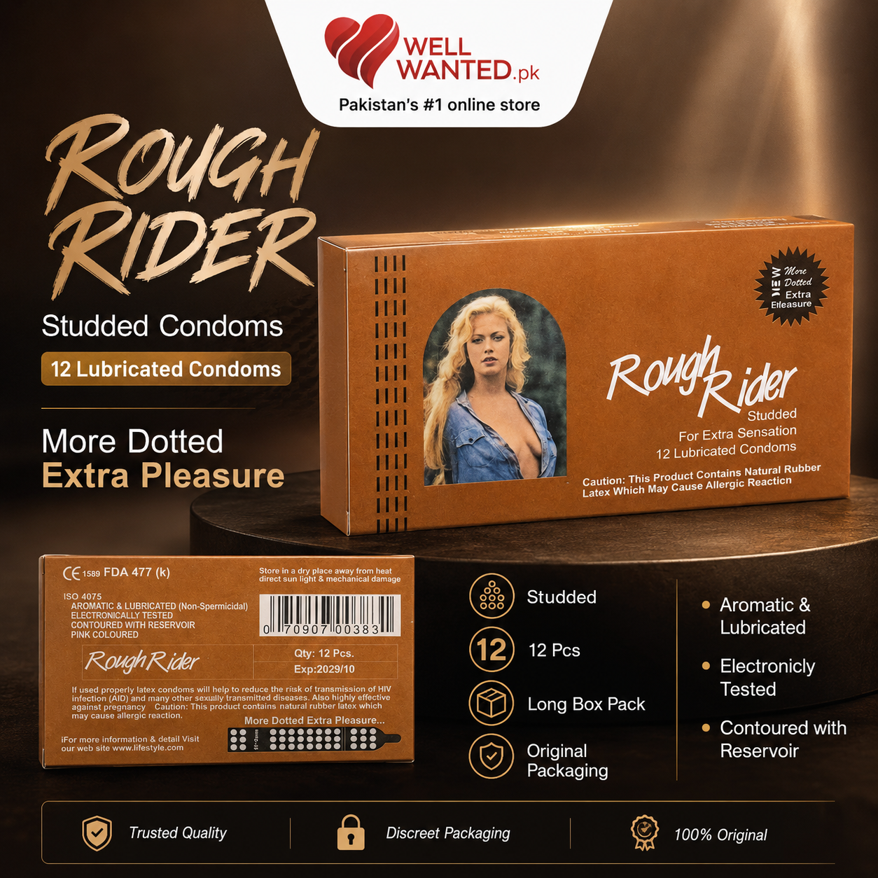 RoughRider Studded Lubricated Condoms - 12 Pieces