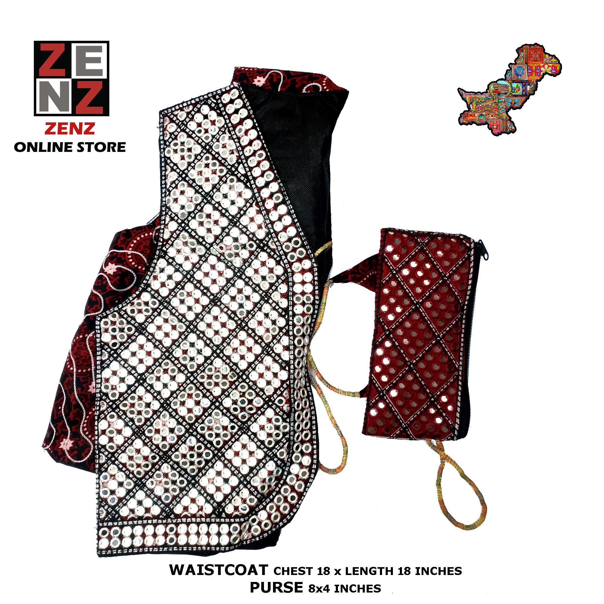 Sindhi Embroidery Ajrak Waistcoat Koti & Purse Combo Set Vintage Traditional Wear Fashion