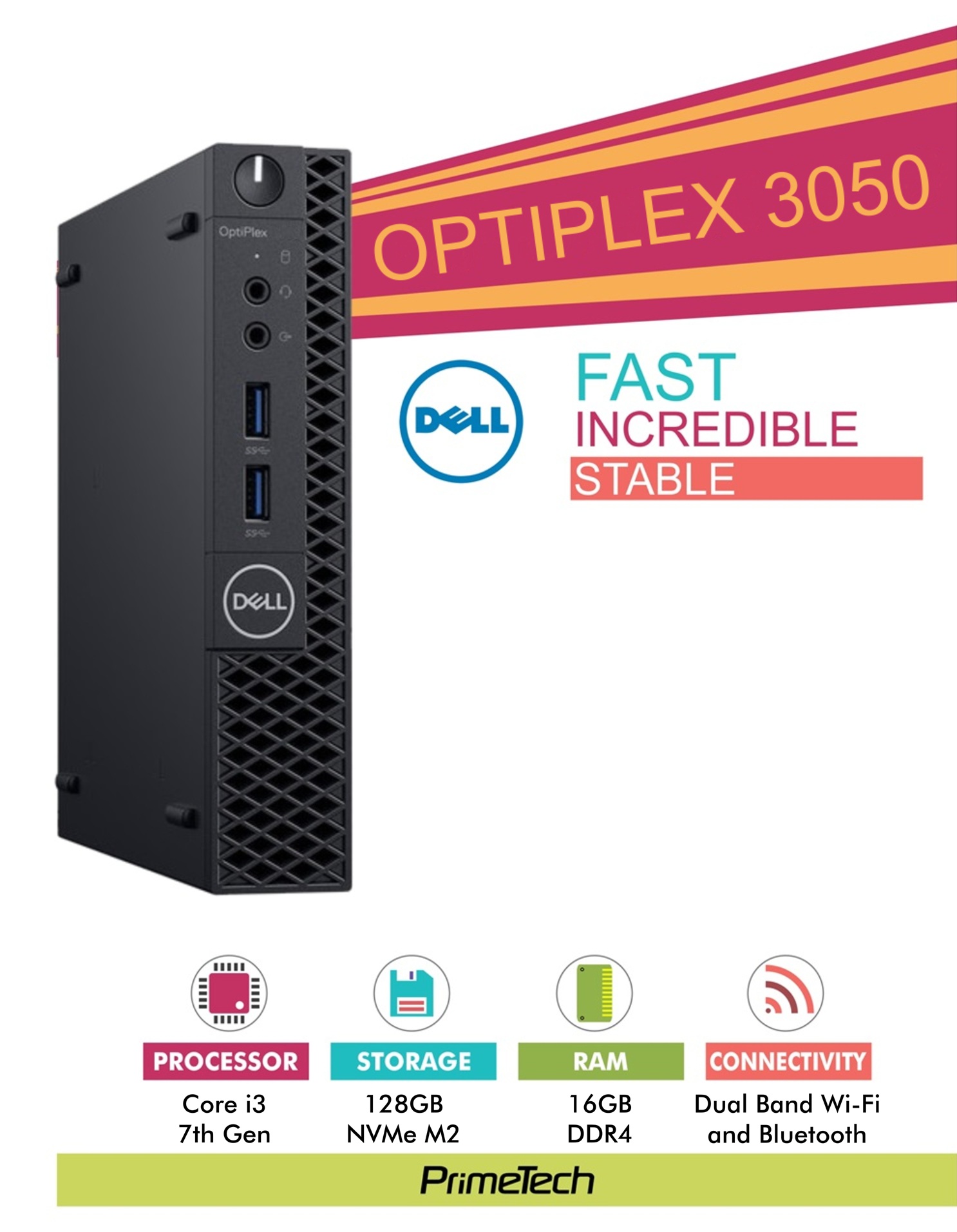Optiplex 7th Gen Mini PC - Mini Computer, With 7th Gen Core i3 Processor, 16GB DDR4 RAM, 128GB NVMe M.2, 4K Integrtaed Graphics, Dual Band WiFi, Bluetooth, LAN