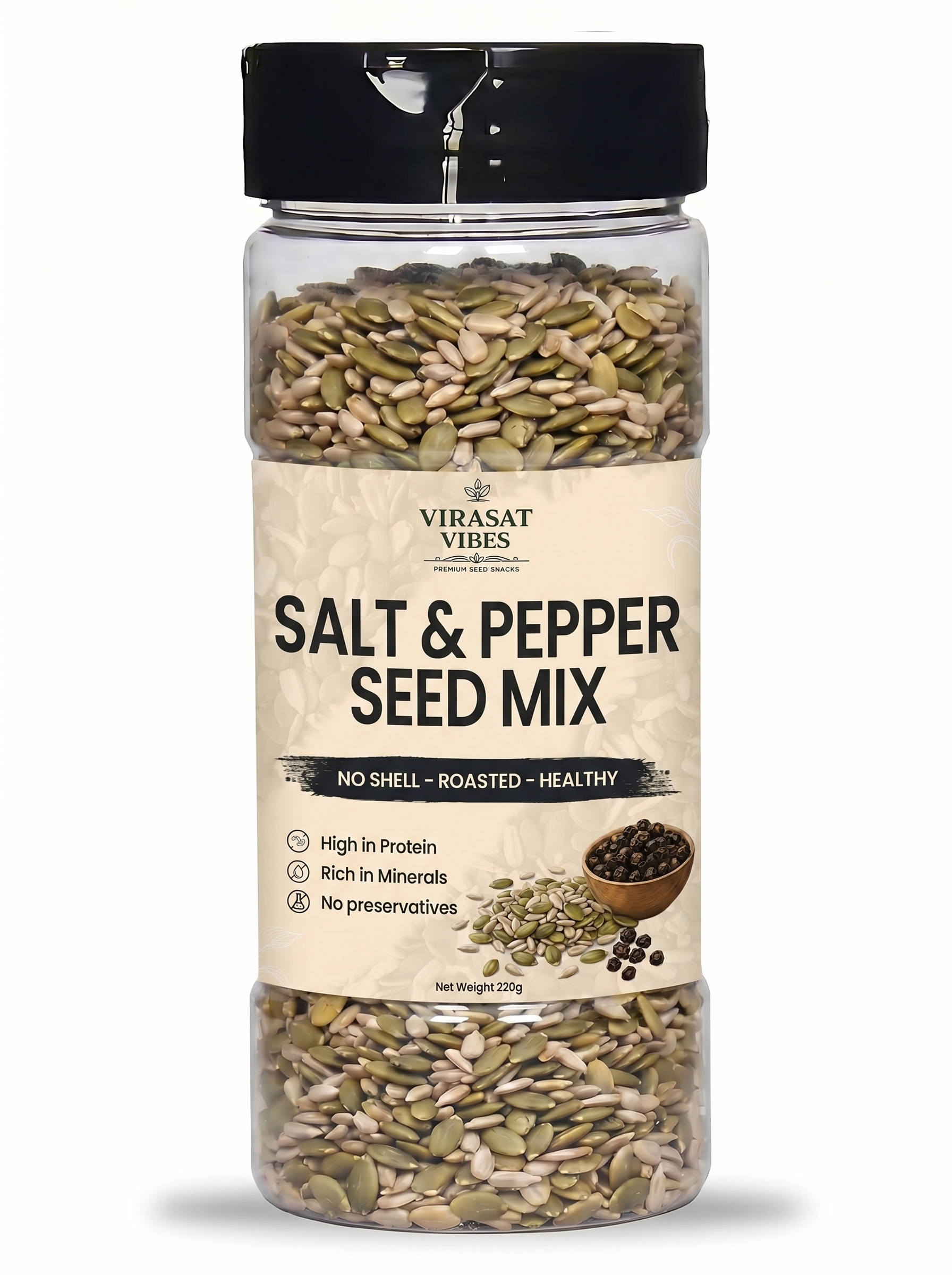 Roasted Seeds Mix 220g by Virasat Vibes – Premium Pumpkin & Sunflower Pepitas, High Protein, Dietary Fiber, Keto & Vegan Healthy Snack