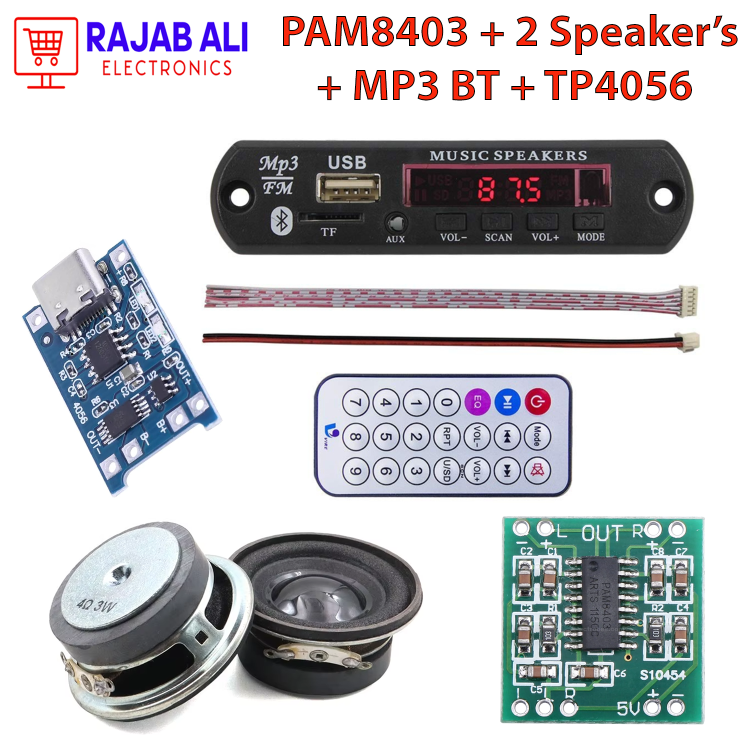 (Combo Of 4) PAM8403 Amplifier + Bluetooth MP3 Player + Speaker 3 Inch 5W + TP4056 Home Made Wireless Speaker Mini Audio Full Range Stereo Amplifier, Dual Channel Bluetooth Sound Card for Computer, Laptop, DIY Audio Projects